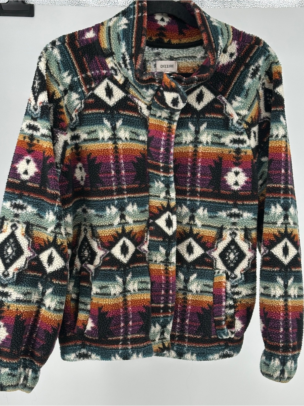 DIZZIRE Aztec Southwestern Western Sherpa Fleece Jacket Teal Purple Yellow